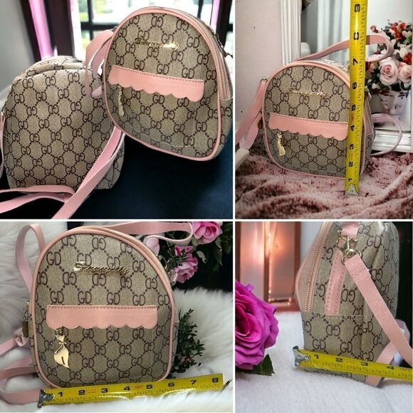 Cute mini backpack l PU Leather l Pink/Red Accent l Gold Kitty Hardware l New